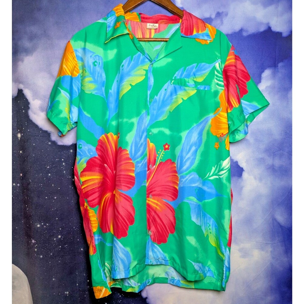 King Kamehameha Green Hibiscus Floral Shirt Size Large Tropical Tiki Luau Camp